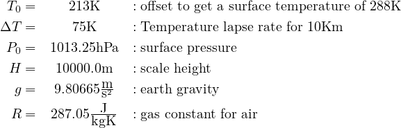  T0 = 213K : offset to get a surface temperature of 288K ΔT = 75K : Temperature lapse rate for 10Km P0 = 1013.25hPa : surface pressure H = 10000.0m : scale height m- g = 9.80665 s2 : earth gravity R = 287.05-J-- : gas constant for air kgK 